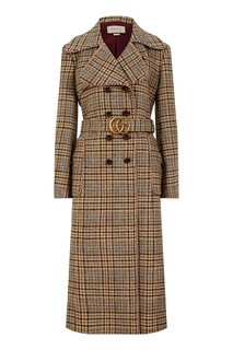 Шерстяное пальто в клетку с поясом Gucci