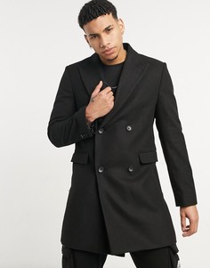 Черное двубортное пальто Moss London-Черный цвет