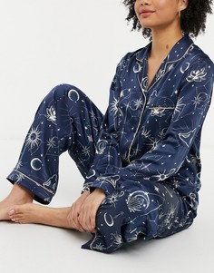Пижамный комплект из рубашки с длинным рукавом и штанов темно-синего цвета с принтом в мистическом стиле The Wellness Project-Темно-синий