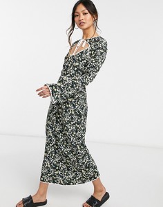 Платье миди с цветочным принтом, контрастной окантовкой и вырезом капелькой Fashion Union-Черный цвет