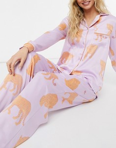 Атласный сиреневый пижамный комплект с принтом леопардов The Wellness Project-Фиолетовый цвет