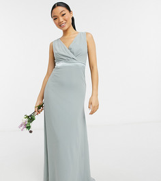 Шалфейно-зеленое платье макси для подружки невесты с глубоким вырезом и бантом на спине TFNC-Зеленый цвет