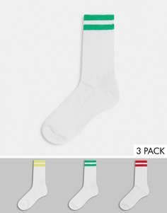 Комплект из 3 пар спортивных носков с 2 полосками красного, зеленого и желтого цвета и надписью FCUK French Connection-Белый
