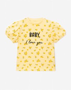Жёлтая футболка с цветочным принтом и надписью Baby, I love you для девочки Gloria Jeans