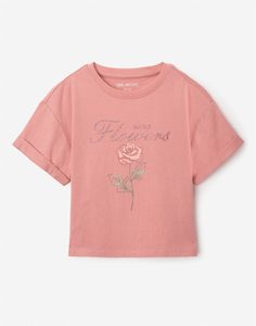 Розовая футболка oversize с блестящим принтом для девочки Gloria Jeans