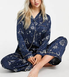 Пижамный комплект из рубашки с длинным рукавом и штанов темно-синего цвета с принтом в мистическом стиле The Wellness Project Petite-Темно-синий
