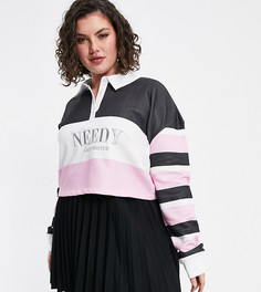 Укороченная рубашка регби с полосками и вышитой надписью "needy" в стиле колор блок Skinnydip Curve-Розовый цвет
