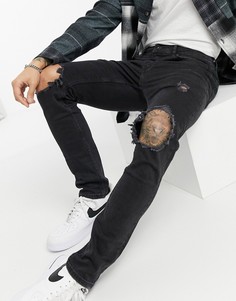Черные выбеленные джинсы зауженного кроя со рваной отделкой Topman-Черный цвет