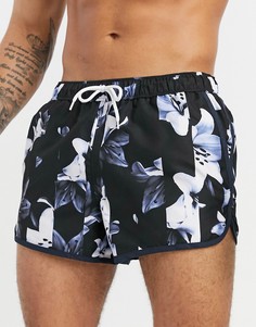 Шорты для плавания и бега с полосками и цветочным принтом ASOS DESIGN-Черный цвет