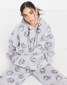 Флисовый худи со сплошным принтом Kitty от комплекта New Girl Order x Hello Kitty-Серый