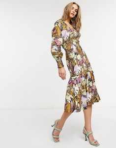 Платье миди с квадратным вырезом, присборенным лифом и цветочным принтом Y.A.S-Многоцветный