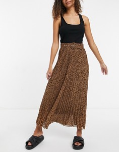 Плиссированная юбка миди с поясом и леопардовым принтом Style Cheat-Многоцветный