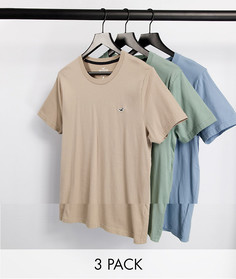 Набор из 3 футболок с логотипом бежевого, синего и зеленого цвета Hollister-Многоцветный
