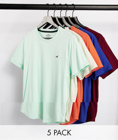 Набор из 5 футболок с асимметричным подолом и логотипом синего, мятного, розового, бордового и серого цвета Hollister-Многоцветный