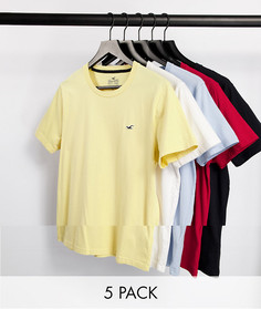 5 футболок с логотипом (белый/голубой/красный/желтый/черный) Hollister-Многоцветный