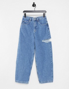 Голубые выбеленные широкие джинсы со рваной отделкой бедра Topshop-Голубой