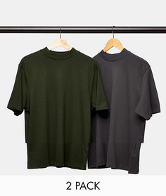 Набор из 2 футболок серого и зеленого цвета с высоким воротником Topman-Многоцветный