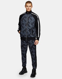 Темно-синие джоггеры с монограммным принтом Topman-Голубой