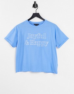 Голубая футболка с вышивкой "Joyful and Happy" New Look-Голубой