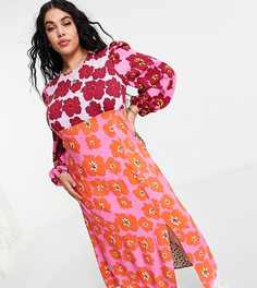 Платье миди с цветочным ретро принтом и пышными контрастными рукавами Never Fully Dressed Plus-Многоцветный
