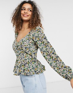 Блузка с пышными рукавами, вырезом в виде сердечка и мелким цветочным принтом Brave Soul Paris-Многоцветный