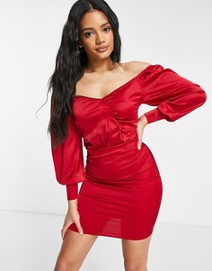 Красное атласное платье мини с запахом и объемными рукавами Femme Luxe-Красный