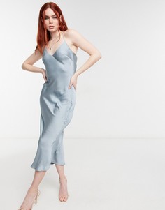 Бирюзовое атласное платье миди на бретельках In The Style x Lorna Luxe-Голубой
