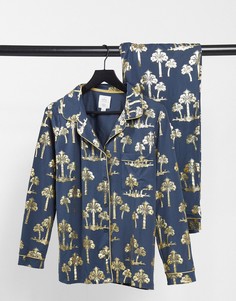 Пижама из экологичного полиэстера с отложным воротником, принтом пальм и эффектом металлик Chelsea Peers-Черный цвет