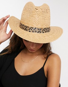 Соломенная солнцезащитная шляпа темного оттенка с леопардовой лентой Boardmans-Нейтральный