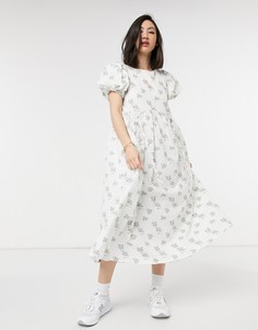 Платье миди с завязками и фактурным цветочным принтом в винтажном стиле Lost Ink-Белый