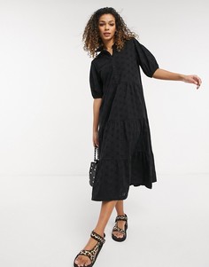 Черное ярусное платье-рубашка миди с вышивкой ришелье и короткими рукавами ASOS DESIGN-Черный цвет