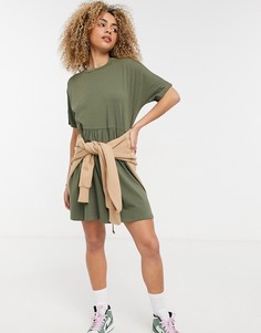 Платье-футболка мини цвета хаки с присборенной юбкой Noisy May-Зеленый цвет