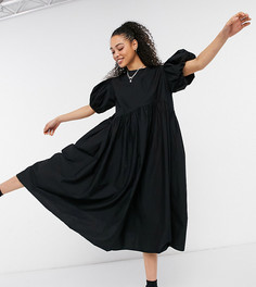 Черное свободное платье миди с асимметричной отделкой на талии COLLUSION-Черный цвет