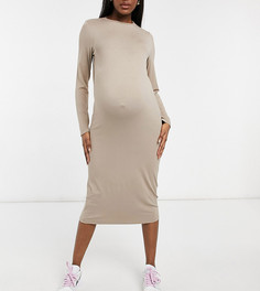 Серо-бежевое платье-футболка миди с длинными рукавами ASOS DESIGN Maternity-Нейтральный