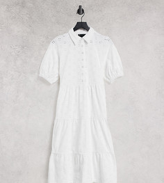 Белое ярусное платье-рубашка миди с вышивкой ришелье и короткими рукавами ASOS DESIGN Petite-Белый