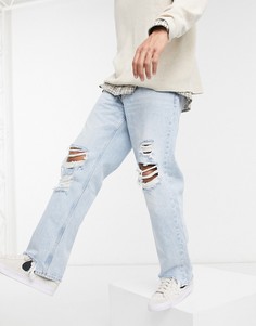 Светло-голубые джинсы в стиле 90-х со рваной отделкой Bershka-Голубой
