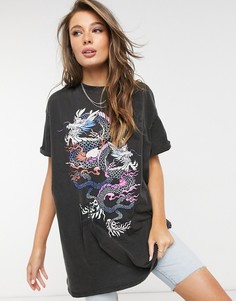 Серая oversized-футболка с принтом дракона и эффектом кислотной стирки Bershka-Серый