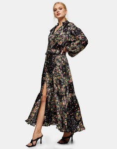 Черное платье макси с длинными рукавами и цветочным принтом Topshop-Многоцветный