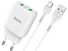 Зарядное устройство Hoco N6 Charmer 2xUSB 5V 3A QC3.0 + Cable USB Type-C White 6931474739001