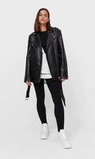 Stradivarius Куртка Байкер Оверсайз Из Искусственной Кожи Черный Xs