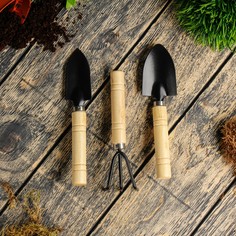 Набор садового инструмента, 3 предмета: рыхлитель, 2 совка, длина 20 см, деревянные ручки Greengo