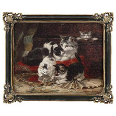 Картина Glasar в прямоугольной раме с узорами Кошка с котятами, масло, 25x2x30 см ГЛАСАР