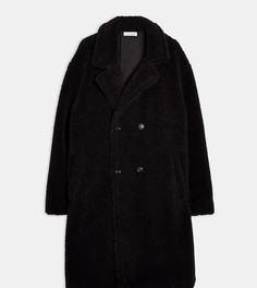 Черное удлиненное плюшевое двубортное пальто Topman Big & Tall-Черный цвет