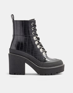 Черные ботинки на каблуке и платформе со шнуровкой и крокодиловым принтом Topshop-Черный цвет