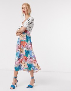 Чайное платье с цветочным и пятнистым принтом от комплекта Traffic People-Многоцветный