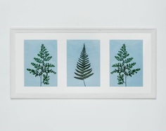 Панно с папоротником, триптих (wowbotanica) голубой 52x25 см.
