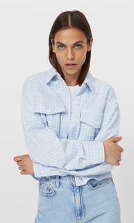 Stradivarius Укороченная Куртка-Рубашка В Клетку Небесно-Голубой L