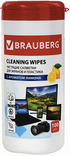 Чистящие салфетки Brauberg для экранов и пластика, с ароматом лимона, 100 шт (511688)