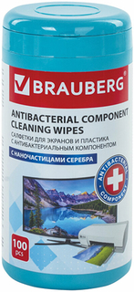 Чистящие салфетки Brauberg для экранов и пластика, с антибактериальным компонентом, 100 шт (513476)