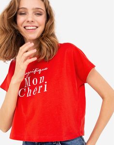 Красная футболка oversize с надписью MON CHÉRI Gloria Jeans